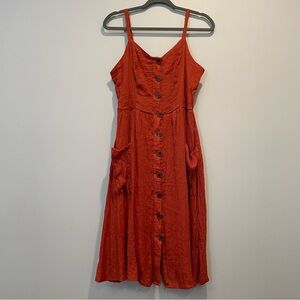 Midi Burnt Orange V Neck Strap Dress with Pockets